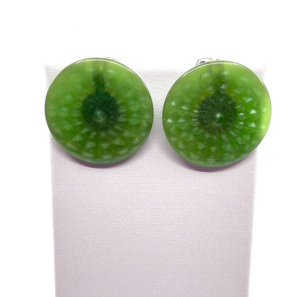 Jewelry - Y2K Vintage Green Glass Disc Clip-On Earrings - Retro Geometric Statement